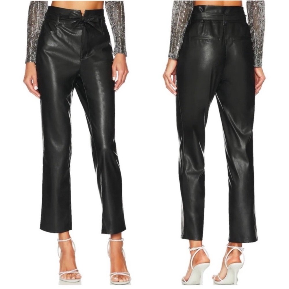 Paige Melila Black Vegan Leather Paperbag Waist Straight Leg Cropped Pants Sz 4